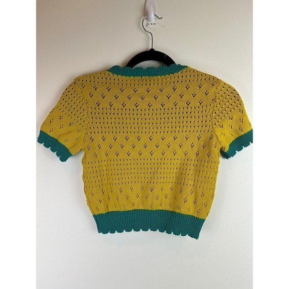 NWT PINKO Teal and Mustard Knit Short Sleeve Sweater Top XS - Picture 6 of 9